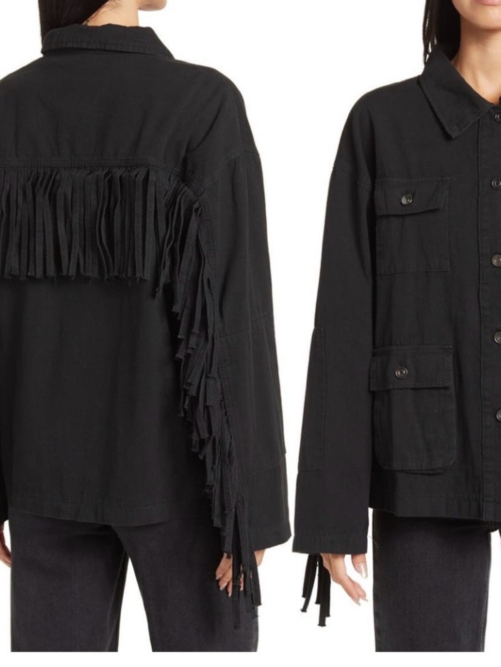 Women's Cotton Black Fringed Utility Jacket - Button-Front Utility Coat